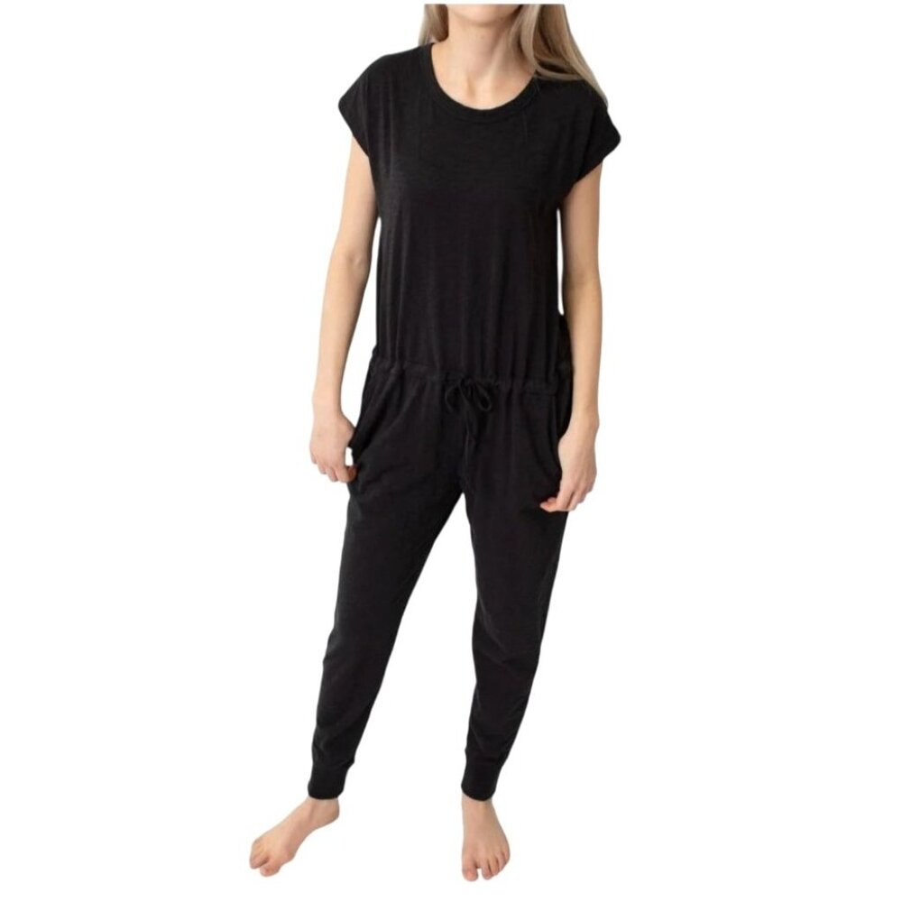 Leallo Jumpsuit Women XS Black Cotton Cross‎ Back Jogger Hem Athleisure Comfy